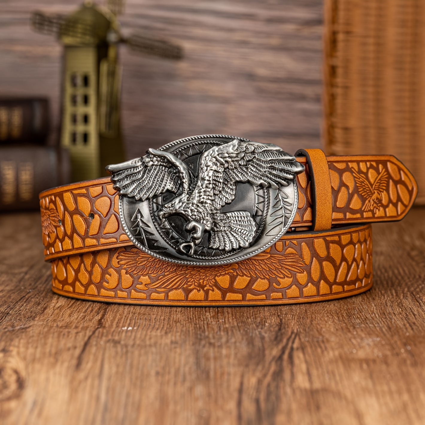 Large Oval Eagle Buckle Belt Embossed PU Leather